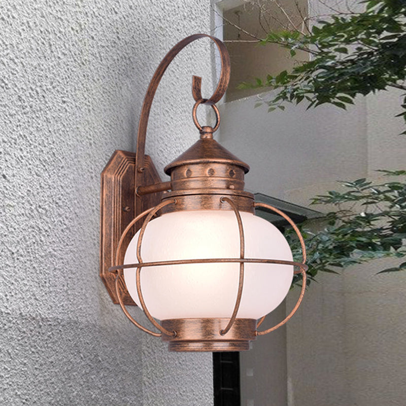 Coffee/Bronze Lantern Wall Light Retro White/Clear Glass 1 Head Outdoor Wall Lighting with Wire Cage Bronze White Clearhalo 'Wall Lamps & Sconces' 'Wall Lights' Lighting' 817773