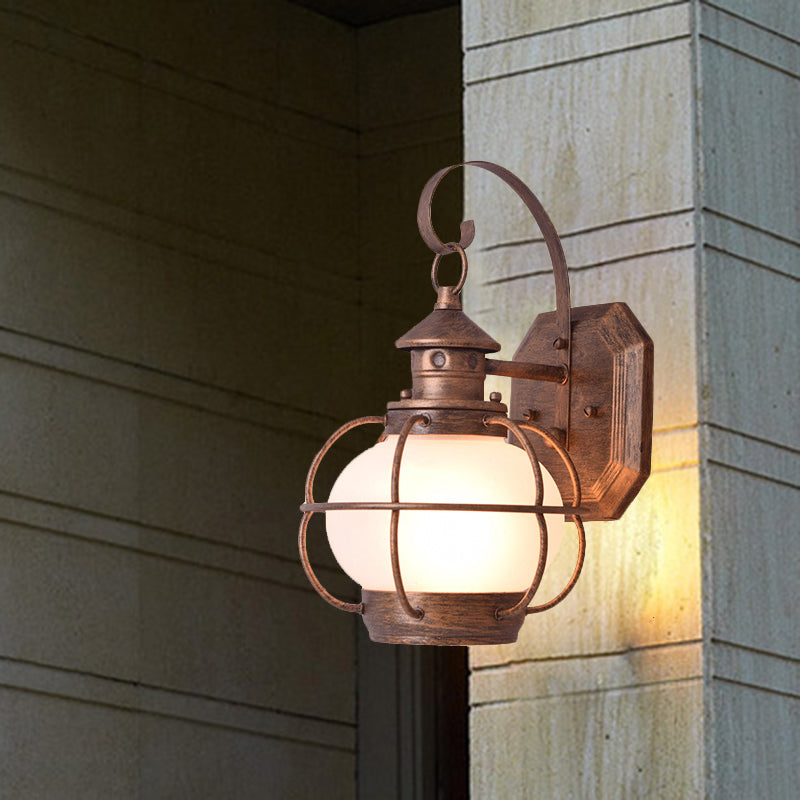 Coffee/Bronze Lantern Wall Light Retro White/Clear Glass 1 Head Outdoor Wall Lighting with Wire Cage Clearhalo 'Wall Lamps & Sconces' 'Wall Lights' Lighting' 817774