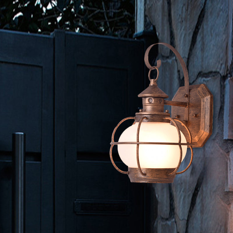 Coffee/Bronze Lantern Wall Light Retro White/Clear Glass 1 Head Outdoor Wall Lighting with Wire Cage Clearhalo 'Wall Lamps & Sconces' 'Wall Lights' Lighting' 817775