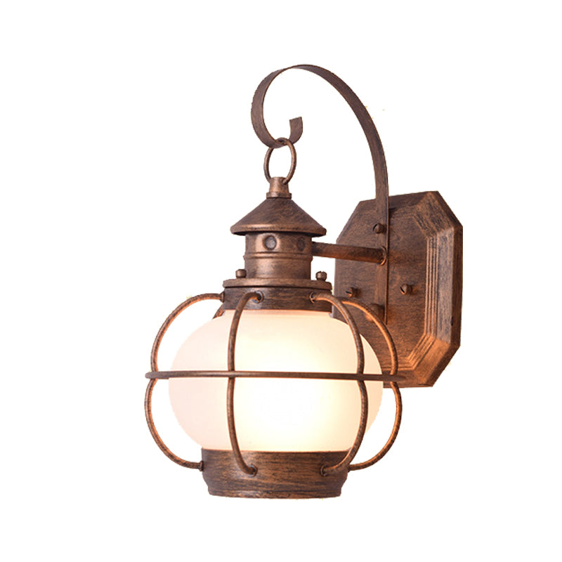 Coffee/Bronze Lantern Wall Light Retro White/Clear Glass 1 Head Outdoor Wall Lighting with Wire Cage Clearhalo 'Wall Lamps & Sconces' 'Wall Lights' Lighting' 817776