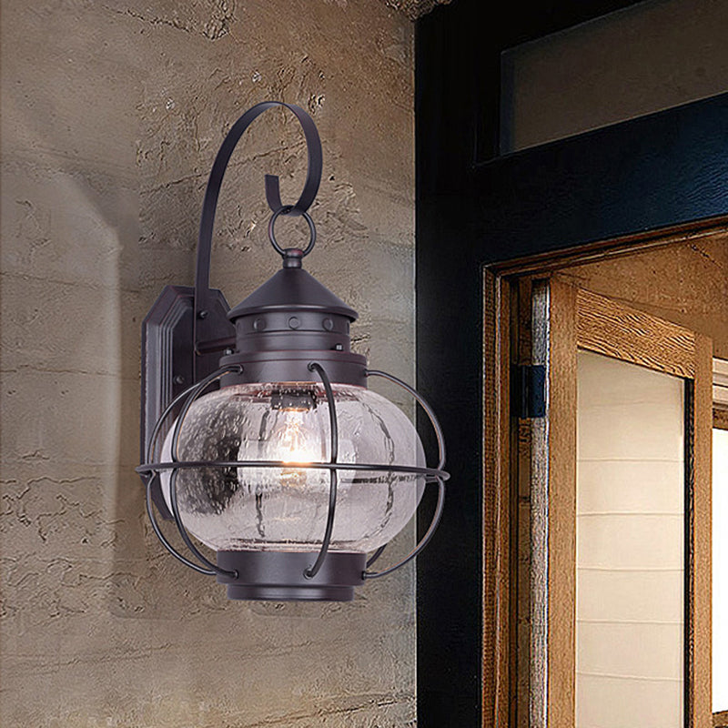 Coffee/Bronze Lantern Wall Light Retro White/Clear Glass 1 Head Outdoor Wall Lighting with Wire Cage Coffee Clear Clearhalo 'Wall Lamps & Sconces' 'Wall Lights' Lighting' 817777