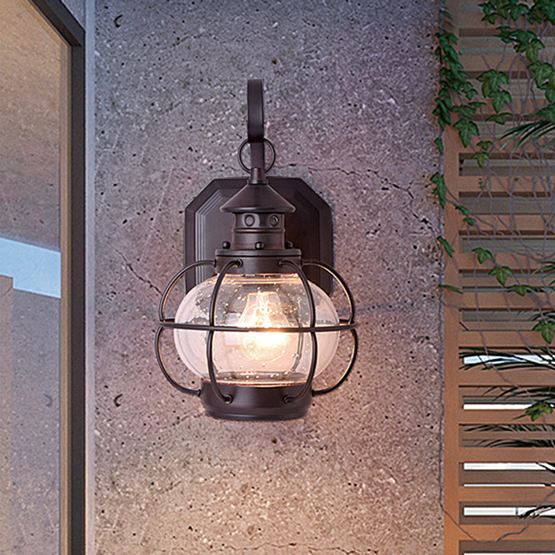 Coffee/Bronze Lantern Wall Light Retro White/Clear Glass 1 Head Outdoor Wall Lighting with Wire Cage Clearhalo 'Wall Lamps & Sconces' 'Wall Lights' Lighting' 817778