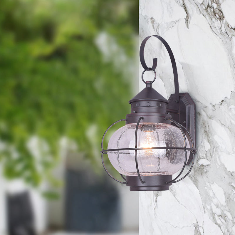 Coffee/Bronze Lantern Wall Light Retro White/Clear Glass 1 Head Outdoor Wall Lighting with Wire Cage Clearhalo 'Wall Lamps & Sconces' 'Wall Lights' Lighting' 817779