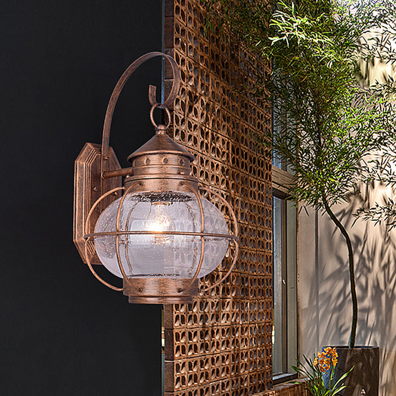 Coffee/Bronze Lantern Wall Light Retro White/Clear Glass 1 Head Outdoor Wall Lighting with Wire Cage Bronze Clear Clearhalo 'Wall Lamps & Sconces' 'Wall Lights' Lighting' 817782