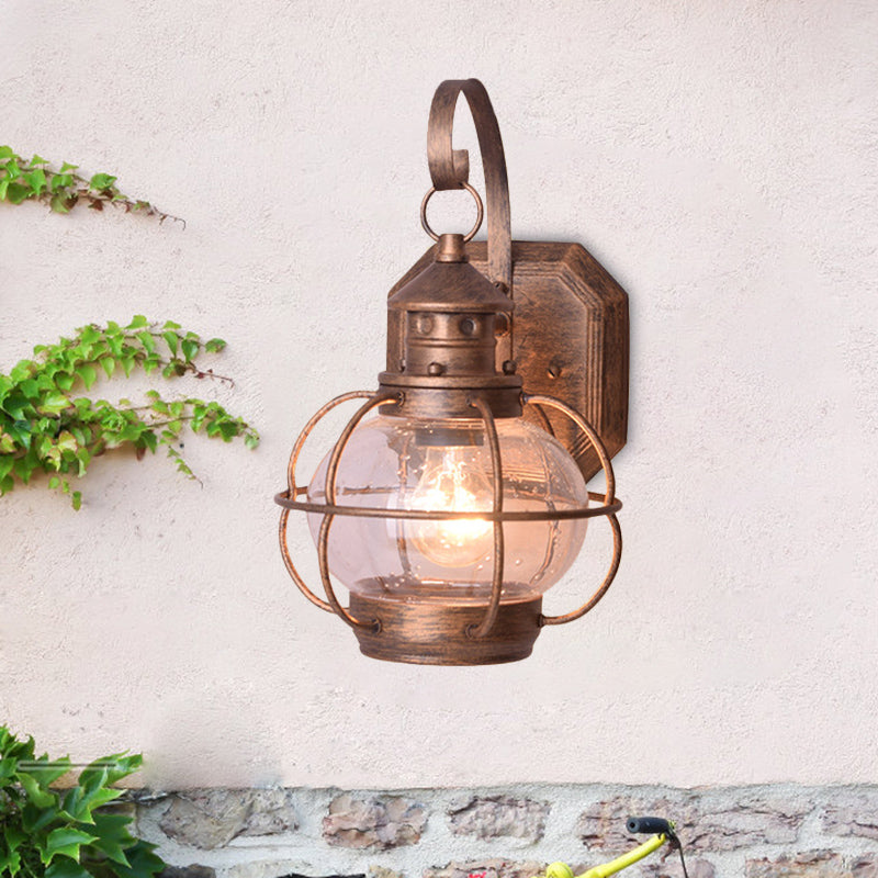 Coffee/Bronze Lantern Wall Light Retro White/Clear Glass 1 Head Outdoor Wall Lighting with Wire Cage Clearhalo 'Wall Lamps & Sconces' 'Wall Lights' Lighting' 817783