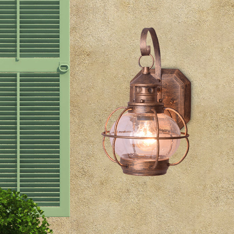 Coffee/Bronze Lantern Wall Light Retro White/Clear Glass 1 Head Outdoor Wall Lighting with Wire Cage Clearhalo 'Wall Lamps & Sconces' 'Wall Lights' Lighting' 817784