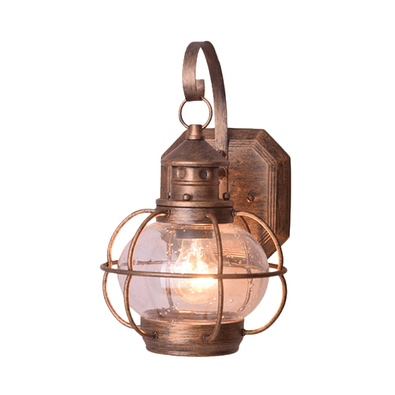 Coffee/Bronze Lantern Wall Light Retro White/Clear Glass 1 Head Outdoor Wall Lighting with Wire Cage Clearhalo 'Wall Lamps & Sconces' 'Wall Lights' Lighting' 817785