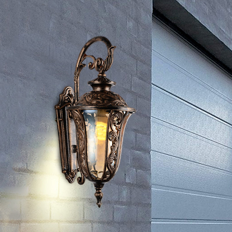 Metal Curved Arm Wall Sconce 1 Light Outdoor Wall Lamp in Bronze with Amber Glass Shade Bronze Clearhalo 'Wall Lamps & Sconces' 'Wall Lights' Lighting' 817790