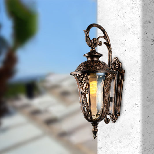 Metal Curved Arm Wall Sconce 1 Light Outdoor Wall Lamp in Bronze with Amber Glass Shade Clearhalo 'Wall Lamps & Sconces' 'Wall Lights' Lighting' 817791