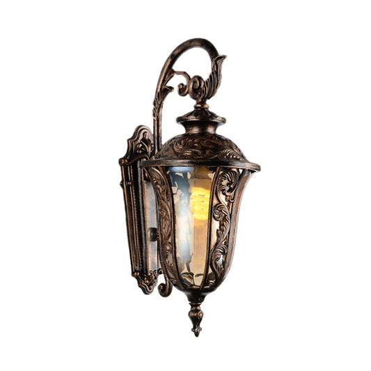 Metal Curved Arm Wall Sconce 1 Light Outdoor Wall Lamp in Bronze with Amber Glass Shade Clearhalo 'Wall Lamps & Sconces' 'Wall Lights' Lighting' 817792