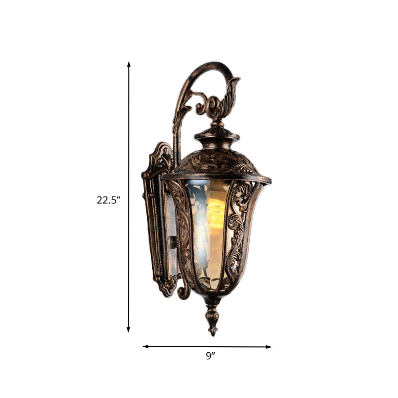 Metal Curved Arm Wall Sconce 1 Light Outdoor Wall Lamp in Bronze with Amber Glass Shade Clearhalo 'Wall Lamps & Sconces' 'Wall Lights' Lighting' 817793