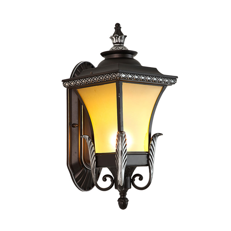 Aluminium Black Wall Light Lantern 1 Bulb Rustic Wall Lamp with Frosted Glass Shade and Leaf Design Clearhalo 'Wall Lamps & Sconces' 'Wall Lights' Lighting' 817796