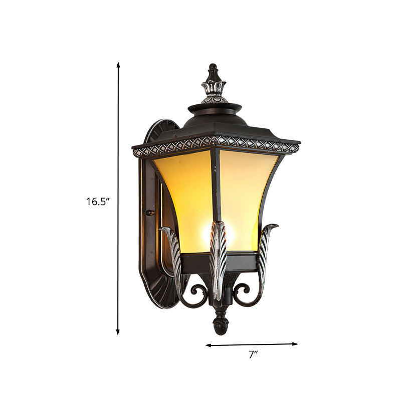 Aluminium Black Wall Light Lantern 1 Bulb Rustic Wall Lamp with Frosted Glass Shade and Leaf Design Clearhalo 'Wall Lamps & Sconces' 'Wall Lights' Lighting' 817797