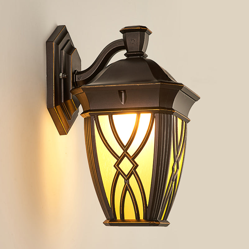 Curved Arm Frosted Glass Sconce Countryside 1 Bulb Outdoor Wall Mounted Lighting in Coffee Clearhalo 'Wall Lamps & Sconces' 'Wall Lights' Lighting' 817812