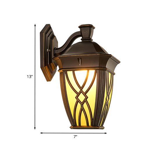 Curved Arm Frosted Glass Sconce Countryside 1 Bulb Outdoor Wall Mounted Lighting in Coffee Clearhalo 'Wall Lamps & Sconces' 'Wall Lights' Lighting' 817813