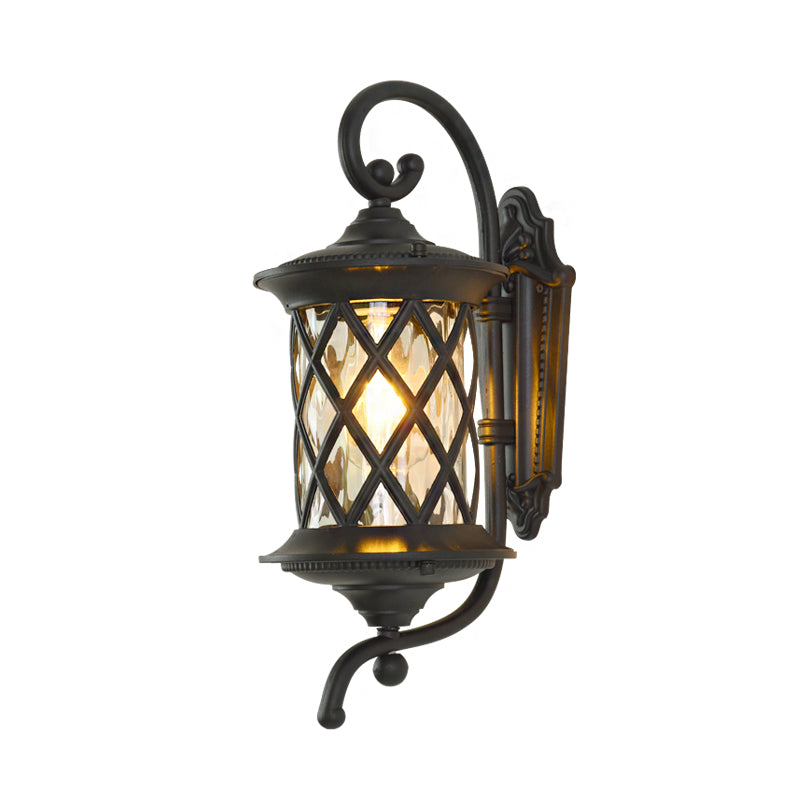 Curling Arm Outdoor Wall Light Rural 1 Head Clear Ripple Glass Black Wall Sconce Lighting Clearhalo 'Wall Lamps & Sconces' 'Wall Lights' Lighting' 817816