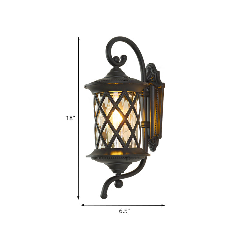 Curling Arm Outdoor Wall Light Rural 1 Head Clear Ripple Glass Black Wall Sconce Lighting Clearhalo 'Wall Lamps & Sconces' 'Wall Lights' Lighting' 817817