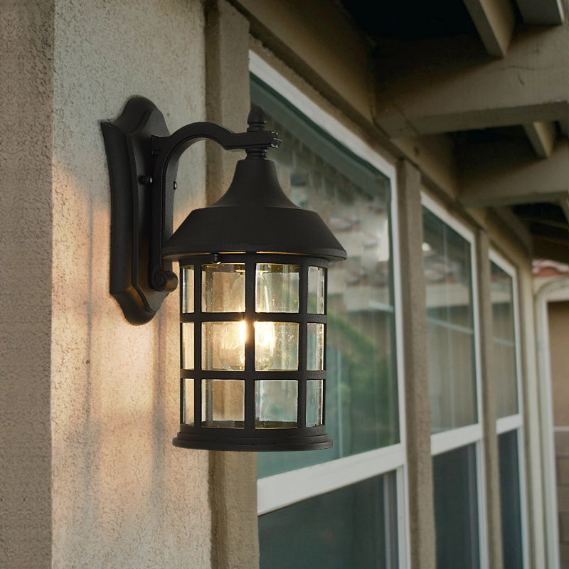 Birdcage Clear Glass Wall Lamp Rural Single Bulb Courtyard Wall Sconce in Black with Metal Frame Black Clearhalo 'Wall Lamps & Sconces' 'Wall Lights' Lighting' 817818