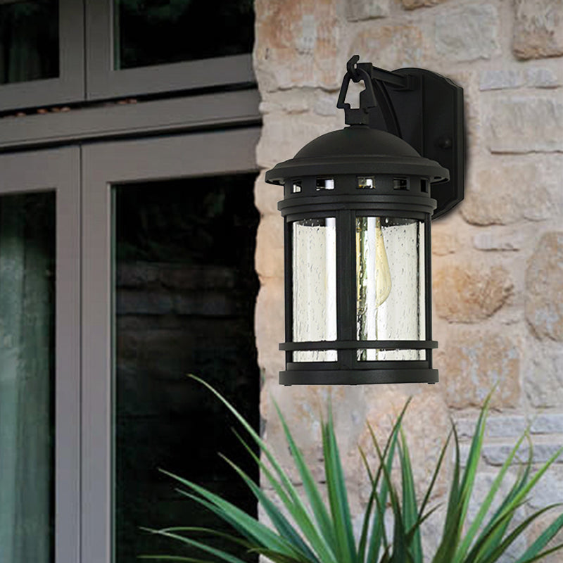 Clear Seeded Glass Lantern Sconce Rustic 1 Light Outdoor Wall Lighting with Metal Frame in Coffee/Black Black Clearhalo 'Wall Lamps & Sconces' 'Wall Lights' Lighting' 817822