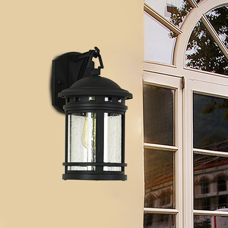 Clear Seeded Glass Lantern Sconce Rustic 1 Light Outdoor Wall Lighting with Metal Frame in Coffee/Black Clearhalo 'Wall Lamps & Sconces' 'Wall Lights' Lighting' 817823