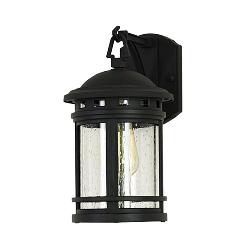 Clear Seeded Glass Lantern Sconce Rustic 1 Light Outdoor Wall Lighting with Metal Frame in Coffee/Black Clearhalo 'Wall Lamps & Sconces' 'Wall Lights' Lighting' 817824