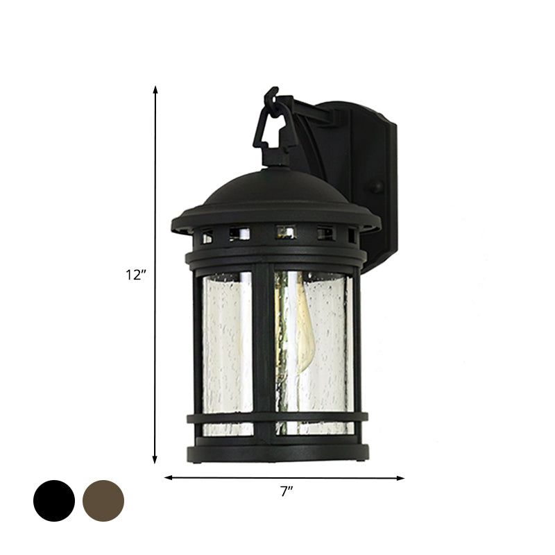 Clear Seeded Glass Lantern Sconce Rustic 1 Light Outdoor Wall Lighting with Metal Frame in Coffee/Black Clearhalo 'Wall Lamps & Sconces' 'Wall Lights' Lighting' 817825