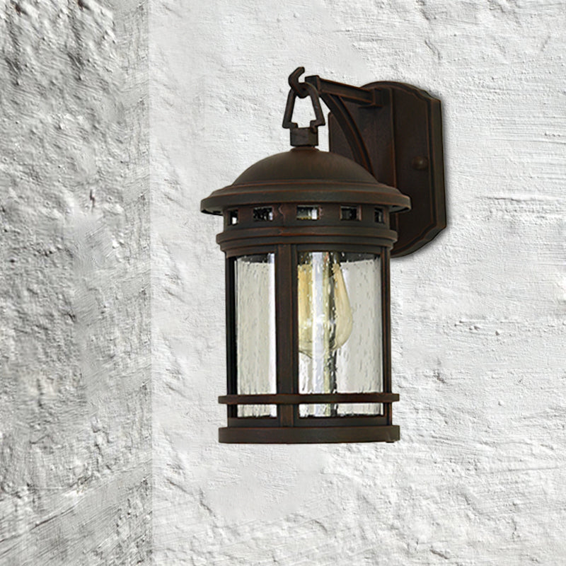 Clear Seeded Glass Lantern Sconce Rustic 1 Light Outdoor Wall Lighting with Metal Frame in Coffee/Black Coffee Clearhalo 'Wall Lamps & Sconces' 'Wall Lights' Lighting' 817826