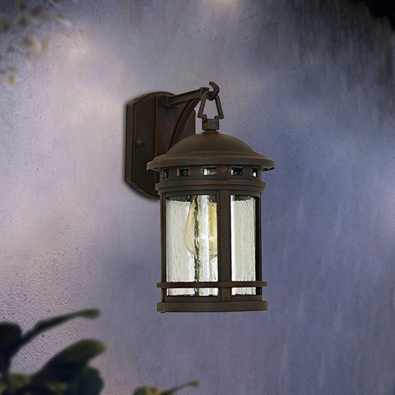 Clear Seeded Glass Lantern Sconce Rustic 1 Light Outdoor Wall Lighting with Metal Frame in Coffee/Black Clearhalo 'Wall Lamps & Sconces' 'Wall Lights' Lighting' 817827