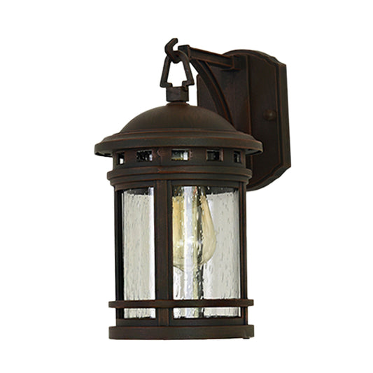 Clear Seeded Glass Lantern Sconce Rustic 1 Light Outdoor Wall Lighting with Metal Frame in Coffee/Black Clearhalo 'Wall Lamps & Sconces' 'Wall Lights' Lighting' 817828