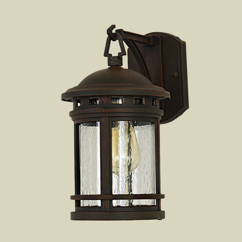 Clear Seeded Glass Lantern Sconce Rustic 1 Light Outdoor Wall Lighting with Metal Frame in Coffee/Black Clearhalo 'Wall Lamps & Sconces' 'Wall Lights' Lighting' 817829