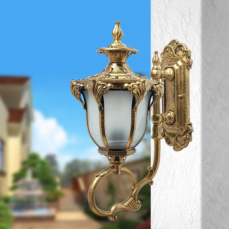 Scrolling Am Metal Wall Lamp Rustic 1 Bulb Outdoor Sconce with Opal Glass Shade in Brass/Coffee Brass Clearhalo 'Wall Lamps & Sconces' 'Wall Lights' Lighting' 817834