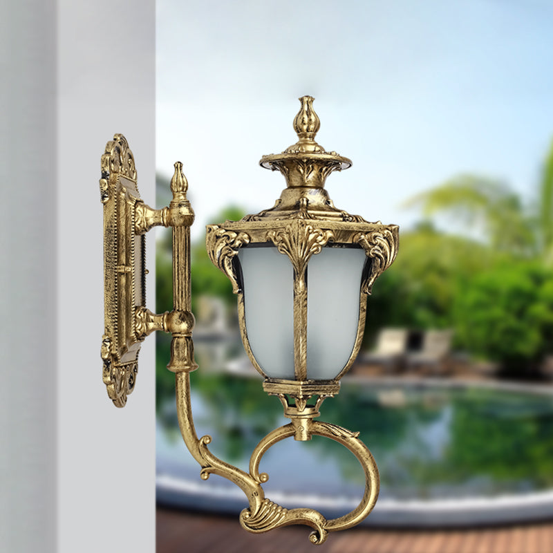 Scrolling Am Metal Wall Lamp Rustic 1 Bulb Outdoor Sconce with Opal Glass Shade in Brass/Coffee Clearhalo 'Wall Lamps & Sconces' 'Wall Lights' Lighting' 817835