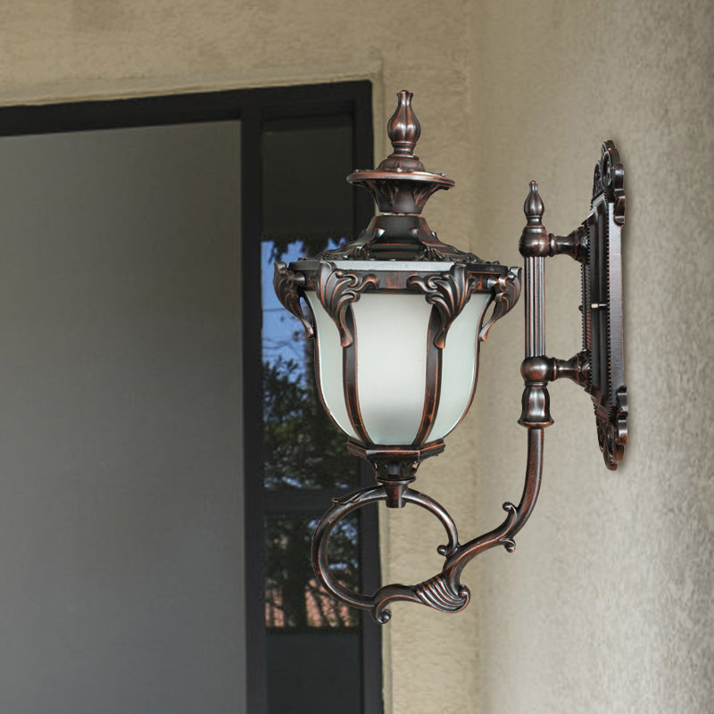 Scrolling Am Metal Wall Lamp Rustic 1 Bulb Outdoor Sconce with Opal Glass Shade in Brass/Coffee Coffee Clearhalo 'Wall Lamps & Sconces' 'Wall Lights' Lighting' 817838