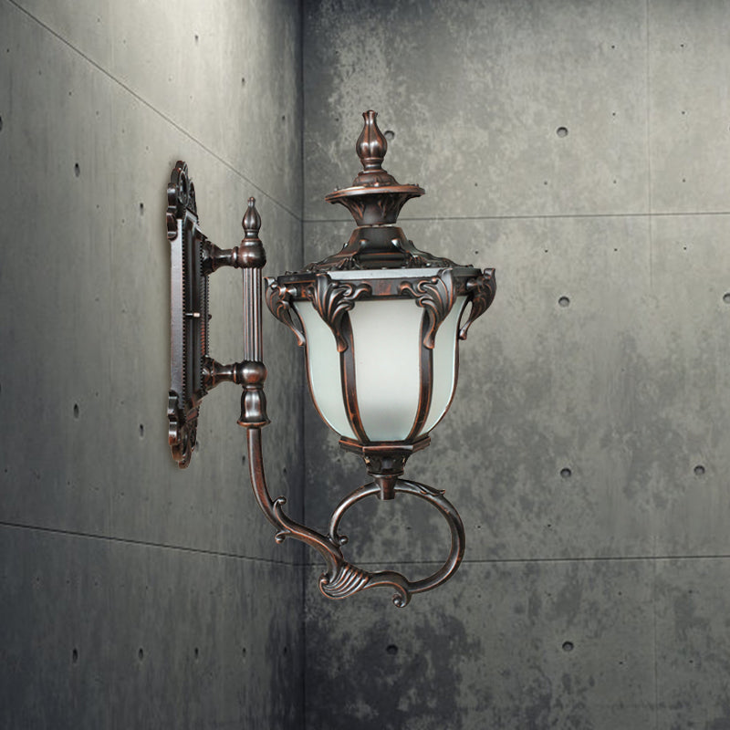 Scrolling Am Metal Wall Lamp Rustic 1 Bulb Outdoor Sconce with Opal Glass Shade in Brass/Coffee Clearhalo 'Wall Lamps & Sconces' 'Wall Lights' Lighting' 817839