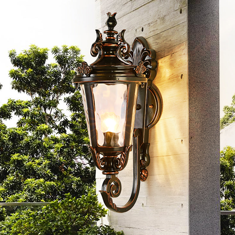 Scrolled Arm Outdoor Wall Lighting Lodge Clear Water Glass 1 Light Black and Gold Sconce Black-Gold Clearhalo 'Wall Lamps & Sconces' 'Wall Lights' Lighting' 817842