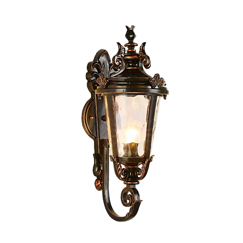 Scrolled Arm Outdoor Wall Lighting Lodge Clear Water Glass 1 Light Black and Gold Sconce Clearhalo 'Wall Lamps & Sconces' 'Wall Lights' Lighting' 817844