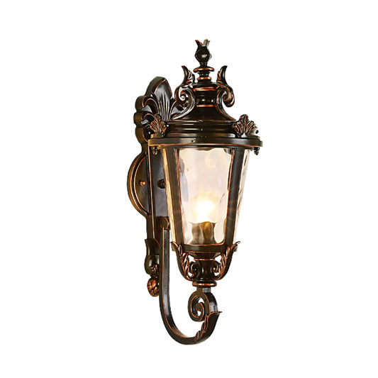 Scrolled Arm Outdoor Wall Lighting Lodge Clear Water Glass 1 Light Black and Gold Sconce Clearhalo 'Wall Lamps & Sconces' 'Wall Lights' Lighting' 817844