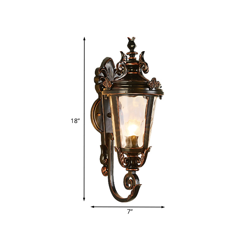 Scrolled Arm Outdoor Wall Lighting Lodge Clear Water Glass 1 Light Black and Gold Sconce Clearhalo 'Wall Lamps & Sconces' 'Wall Lights' Lighting' 817845