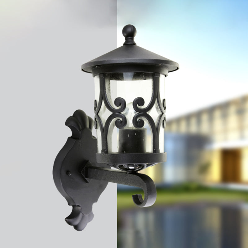 Clear Glass Black Wall Mount Light Lantern Single Bulb Retro Sconce Lamp Fixture for Courtyard Black Clearhalo 'Wall Lamps & Sconces' 'Wall Lights' Lighting' 817850