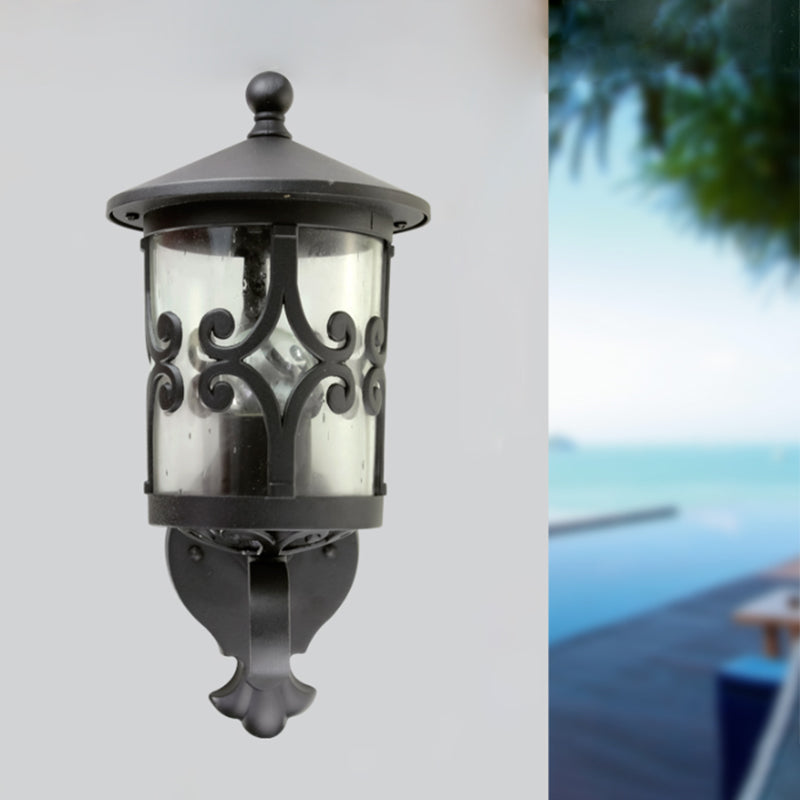 Clear Glass Black Wall Mount Light Lantern Single Bulb Retro Sconce Lamp Fixture for Courtyard Clearhalo 'Wall Lamps & Sconces' 'Wall Lights' Lighting' 817851