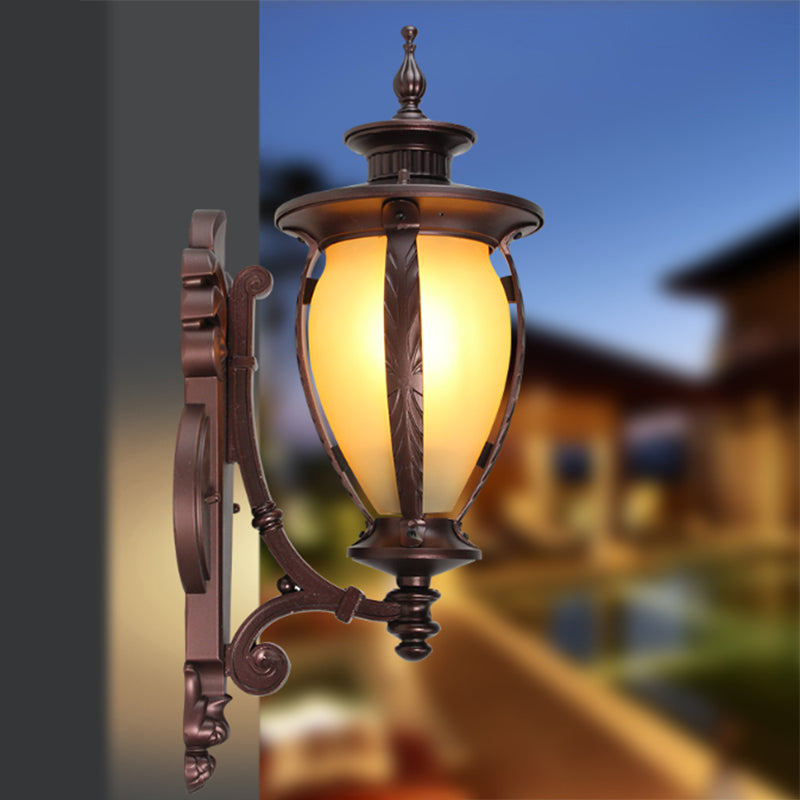 Urn-Shaped Courtyard Sconce Light Countryside Yellow Glass Single Bulb Dark Coffee Wall Lamp Dark Coffee Clearhalo 'Wall Lamps & Sconces' 'Wall Lights' Lighting' 817858