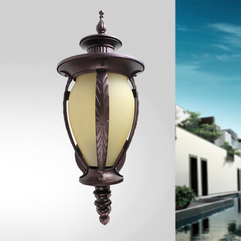 Urn-Shaped Courtyard Sconce Light Countryside Yellow Glass Single Bulb Dark Coffee Wall Lamp Clearhalo 'Wall Lamps & Sconces' 'Wall Lights' Lighting' 817859