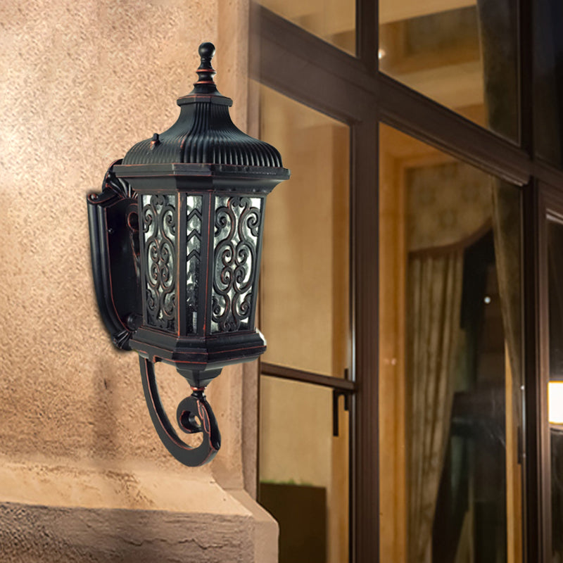 Metal Black Wall Mount Lighting Lantern Single Head Lodge Wall Lamp Fixture for Courtyard, Up/Down Black Up Clearhalo 'Wall Lamps & Sconces' 'Wall Lights' Lighting' 817866