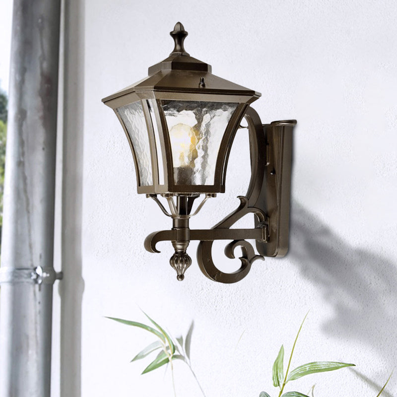 Dark Coffee Lantern Sconce Light Retro Clear Water Glass Single Bulb Outdoor Wall Lamp, Up/Down Dark Coffee Up Clearhalo 'Wall Lamps & Sconces' 'Wall Lights' Lighting' 817875