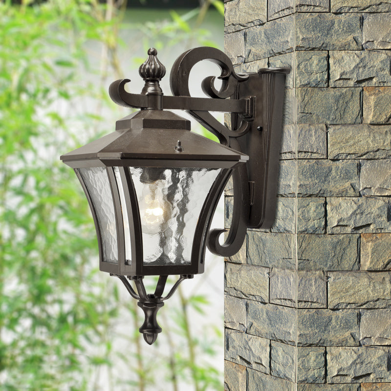 Dark Coffee Lantern Sconce Light Retro Clear Water Glass Single Bulb Outdoor Wall Lamp, Up/Down Dark Coffee Down Clearhalo 'Wall Lamps & Sconces' 'Wall Lights' Lighting' 817879