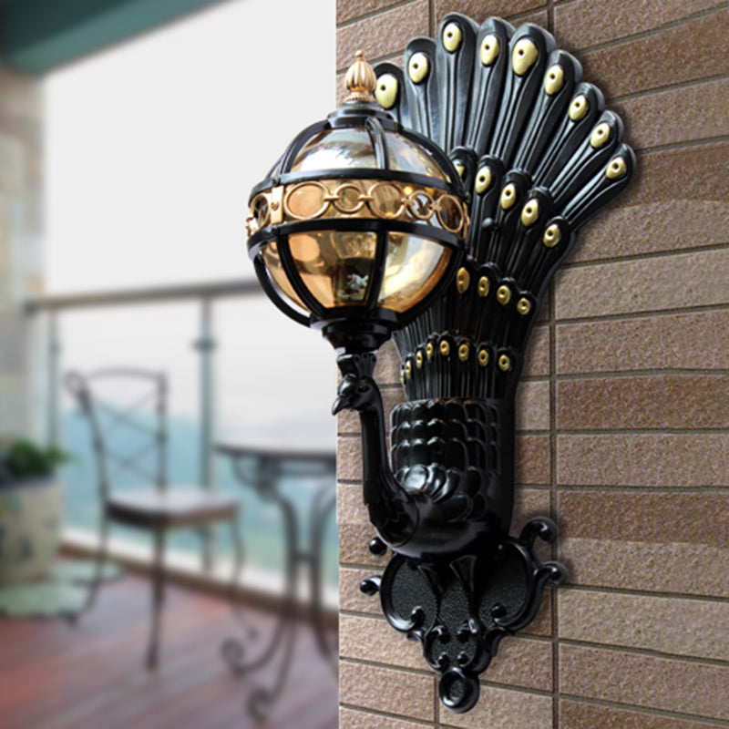 Amber Glass Ball Wall Lighting 1 Bulb Courtyard Wall Mounted Light in Black with Peacock Tail Backplate Black Clearhalo 'Wall Lamps & Sconces' 'Wall Lights' Lighting' 817884