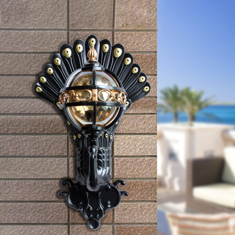 Amber Glass Ball Wall Lighting 1 Bulb Courtyard Wall Mounted Light in Black with Peacock Tail Backplate Clearhalo 'Wall Lamps & Sconces' 'Wall Lights' Lighting' 817885