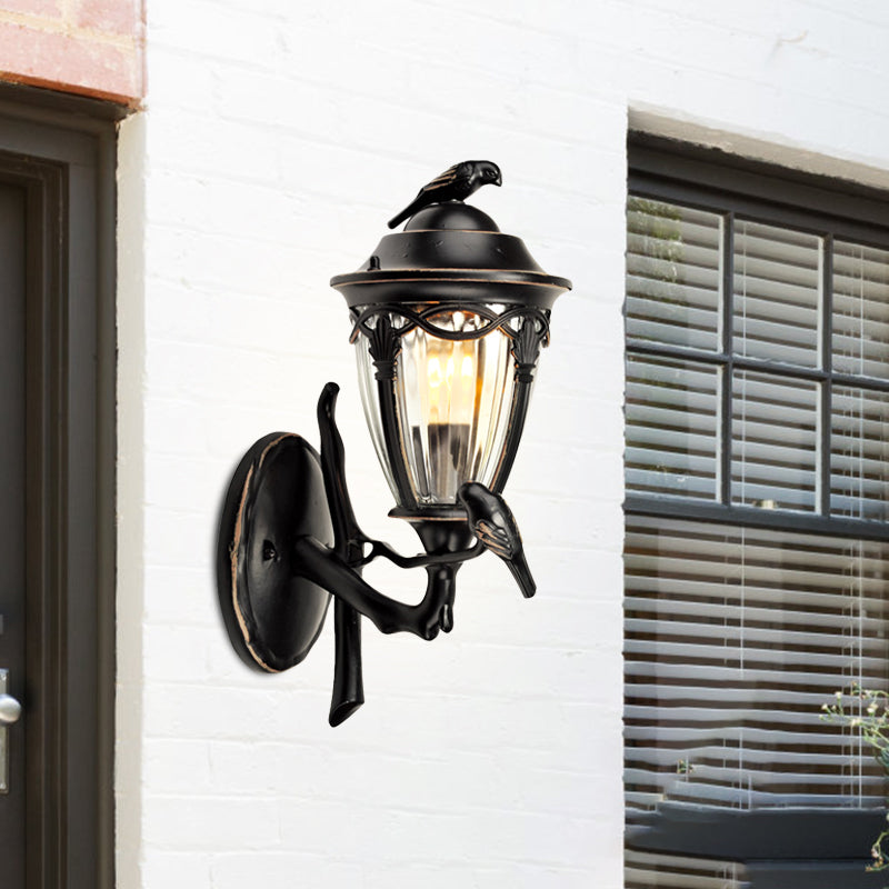 Clear Glass Urn Wall Sconce Countryside 1 Light Patio Wall Lighting in Black with Bird Decor Black Clearhalo 'Wall Lamps & Sconces' 'Wall Lights' Lighting' 817888