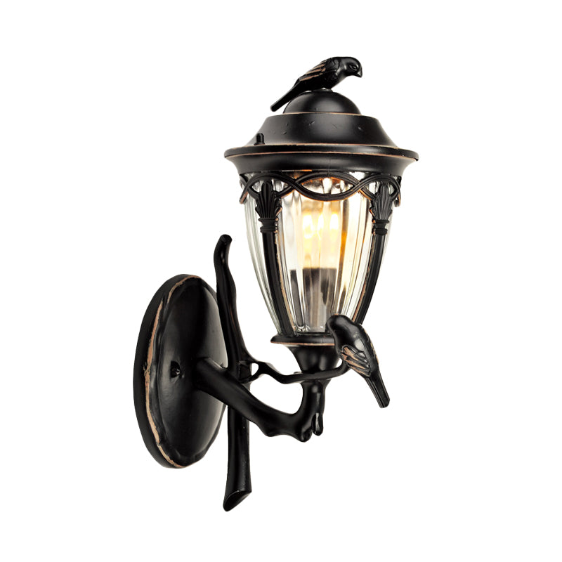 Clear Glass Urn Wall Sconce Countryside 1 Light Patio Wall Lighting in Black with Bird Decor Clearhalo 'Wall Lamps & Sconces' 'Wall Lights' Lighting' 817890