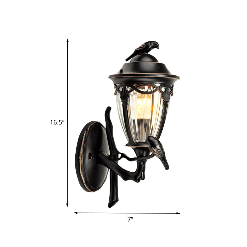 Clear Glass Urn Wall Sconce Countryside 1 Light Patio Wall Lighting in Black with Bird Decor Clearhalo 'Wall Lamps & Sconces' 'Wall Lights' Lighting' 817891